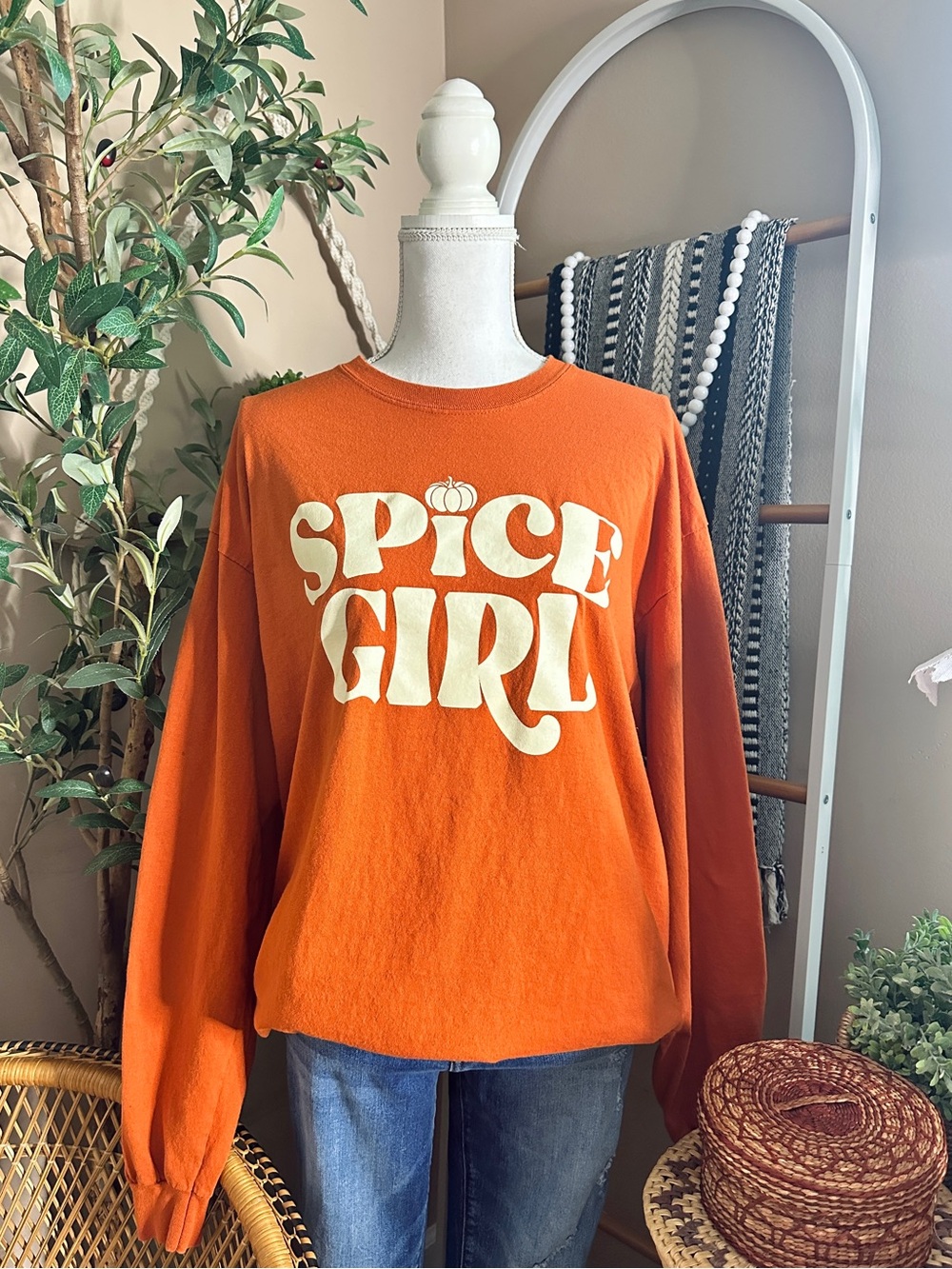 Spice Girl Pumpkin Fall Long Sleeve Tee Rust Orange Oversized